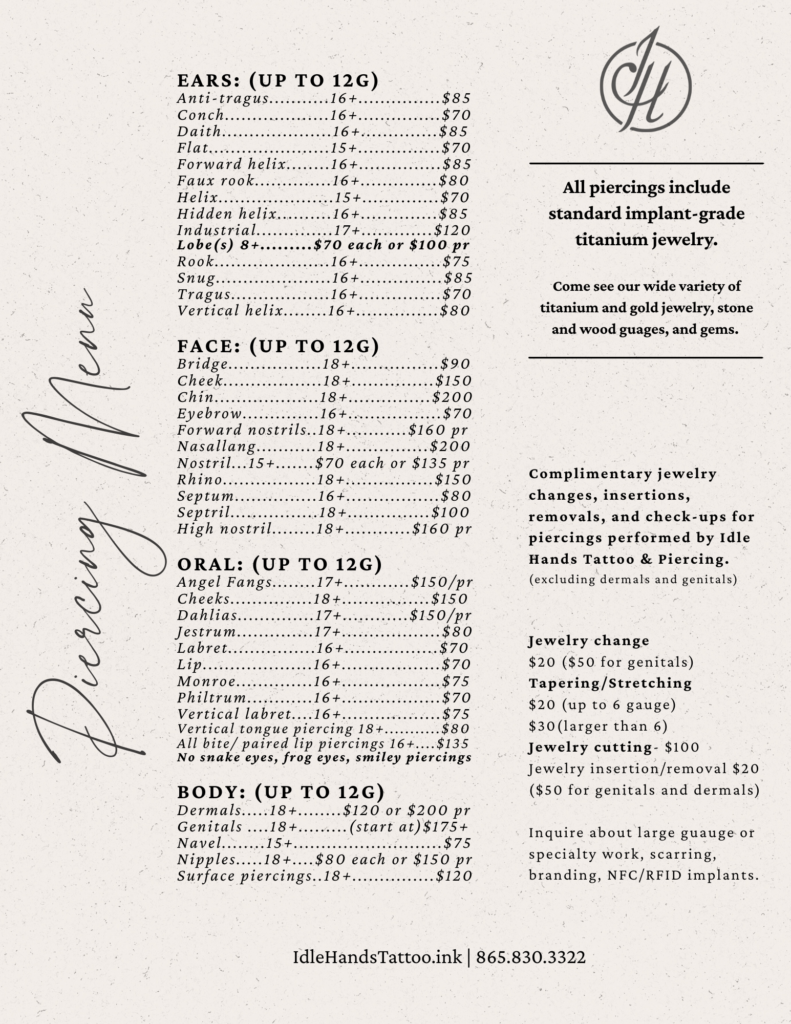 Piercing Menu and rates